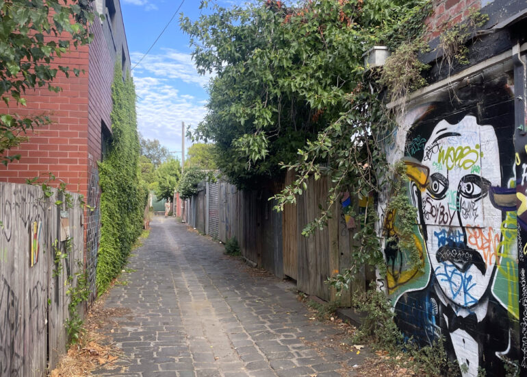 Bluestone laneway with painted face mural, Melbourne inner north, hidden__north documentary photography