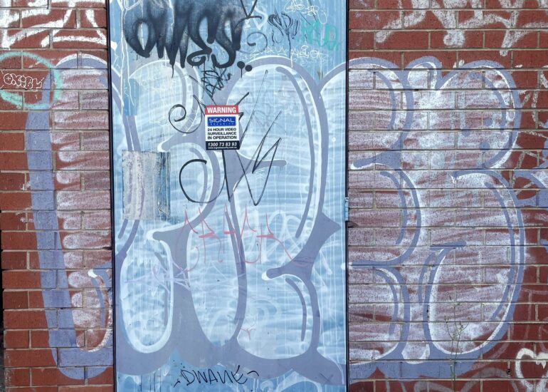 Blue tagged door, red brick laneway, Melbourne inner north, hidden__north documentary photography