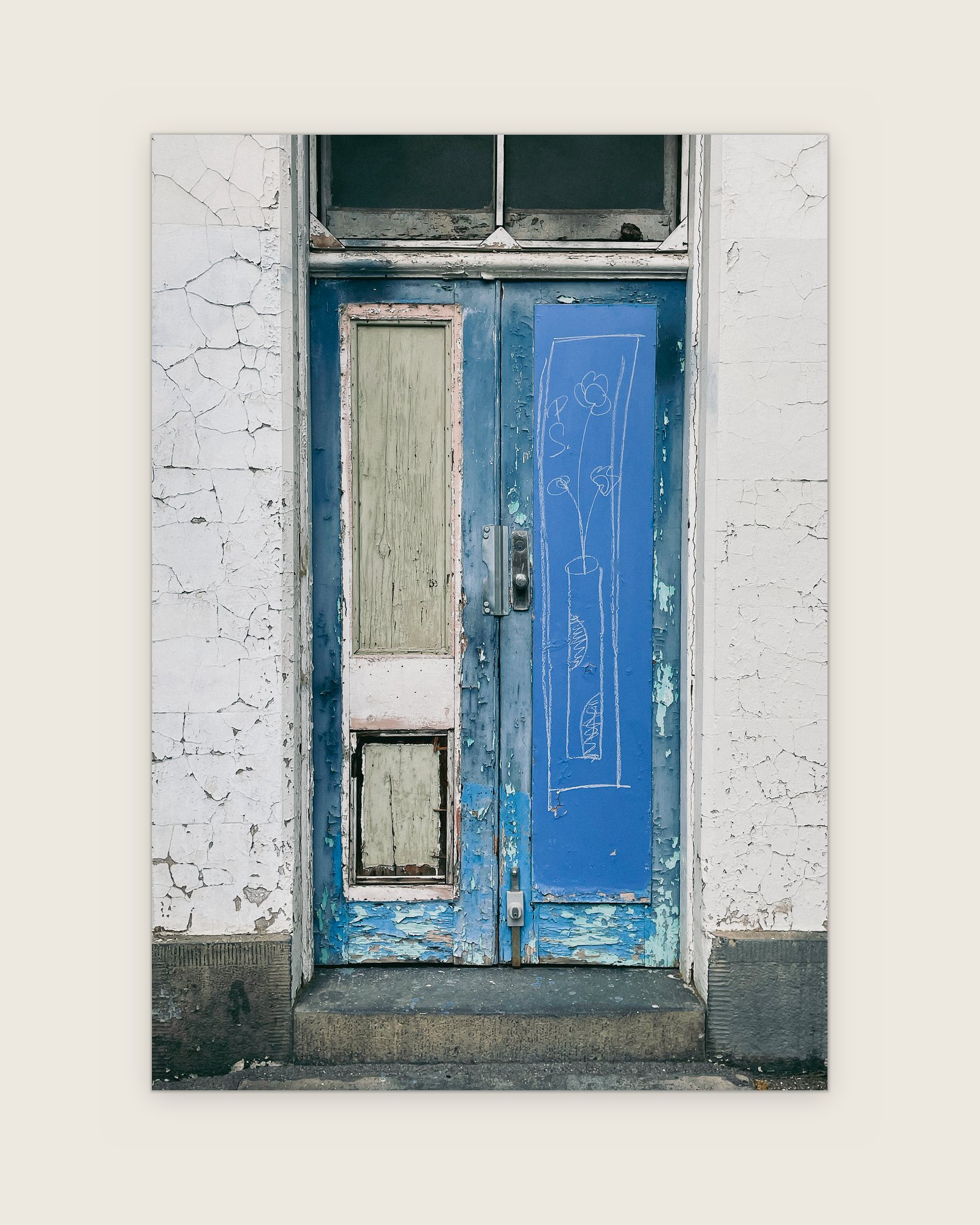 Weathered blue timber double doors in a cracked white wall, Carlton, Melbourne inner north, hidden__north documentary photography