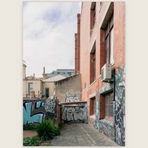 Bluestone laneway between graffiti-covered brick walls, Collingwood, Melbourne inner north, hidden__north documentary photography