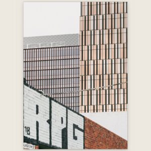Painted RPG brick wall below new building screens on Glasgow Street, Collingwood, Melbourne inner north, hidden__north documentary photography