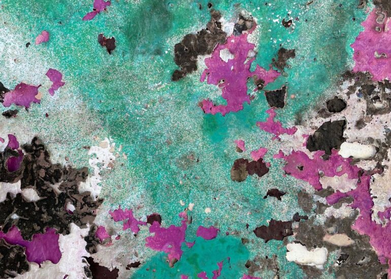 Peeling teal and magenta paint layers on a wall, Melbourne inner north, hidden__north documentary photography