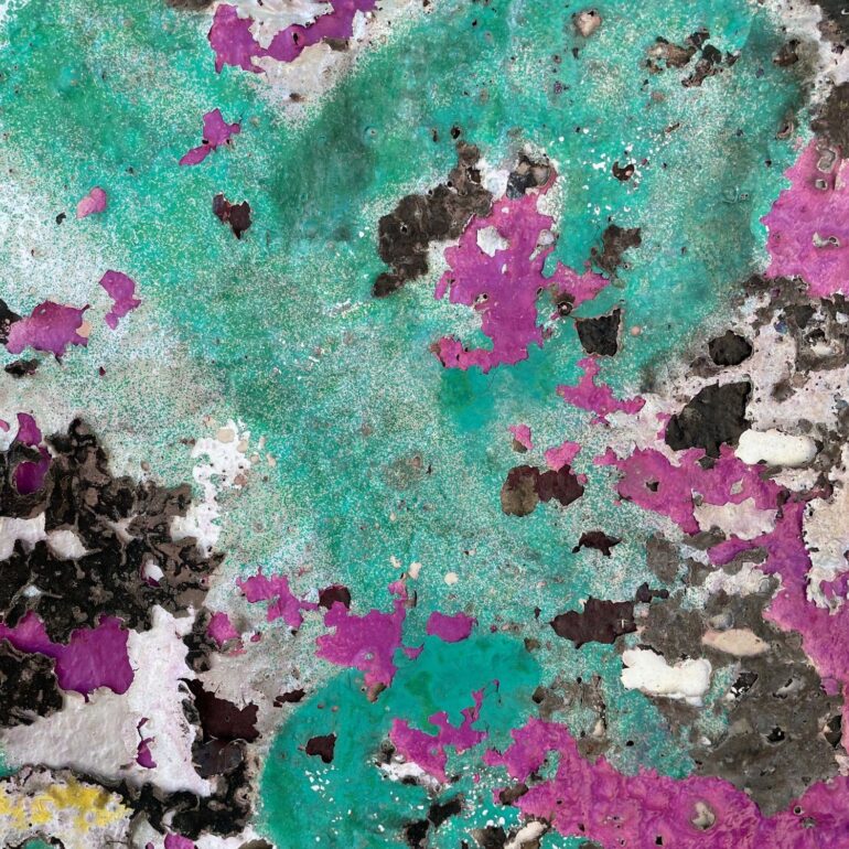 Peeling teal and magenta paint layers on a wall, Melbourne inner north, hidden__north documentary photography