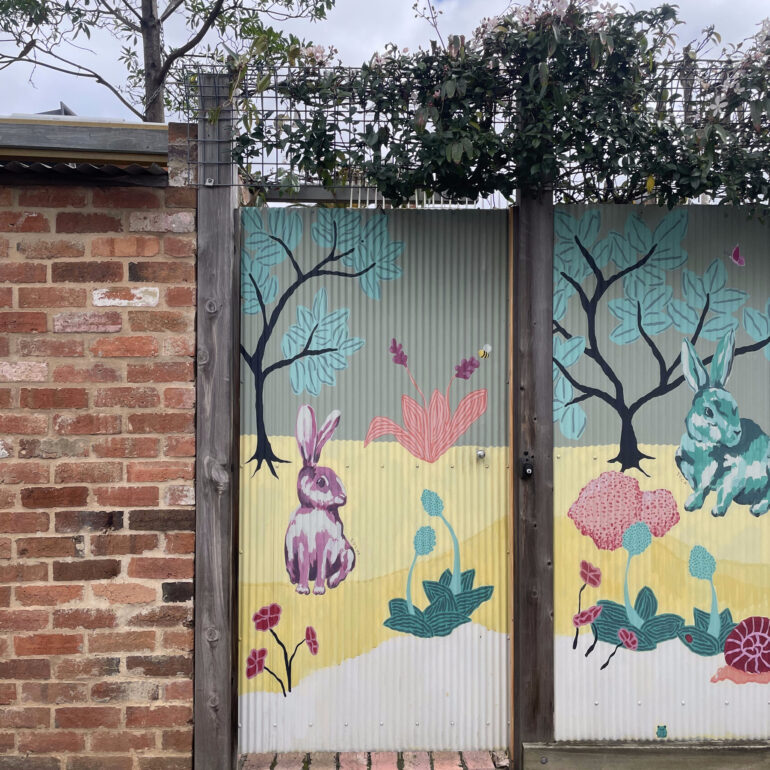 Rabbit and tree mural on a laneway gate, Melbourne inner north, hidden__north documentary photography