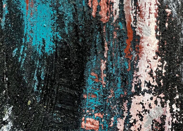Teal, black and salmon paint layers scraped back on a wall, Melbourne inner north, hidden__north documentary photography