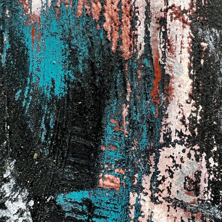 Teal, black and salmon paint layers scraped back on a wall, Melbourne inner north, hidden__north documentary photography