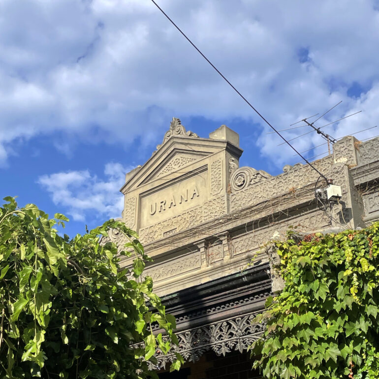 Urana parapet framed by ivy, Melbourne inner north, hidden__north documentary photography