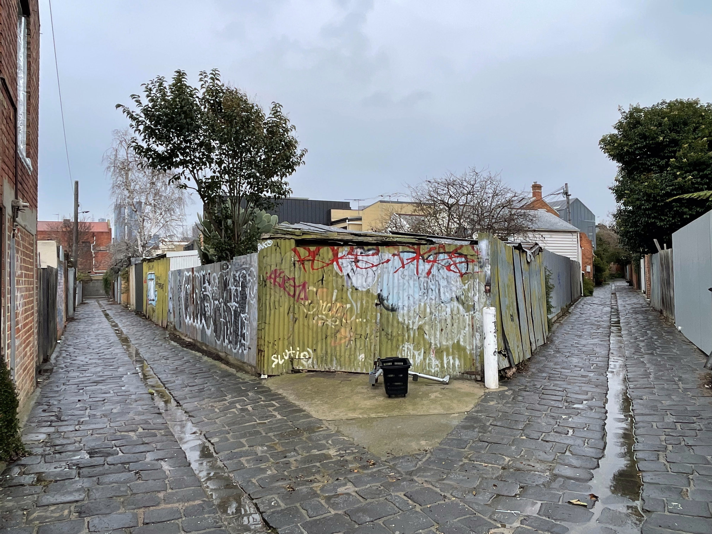 Wet bluestone laneway splitting in two, Melbourne inner north, hidden__north documentary photography