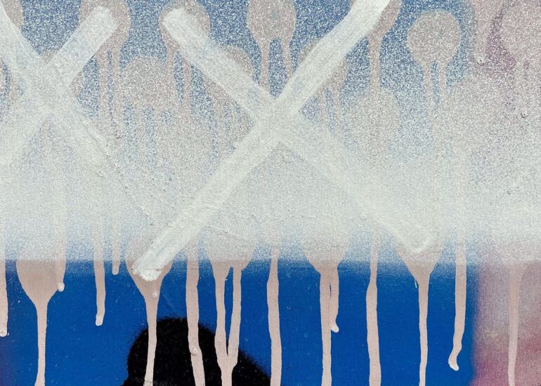 White drip crosses over blue and pink paint, Melbourne inner north, hidden__north documentary photography