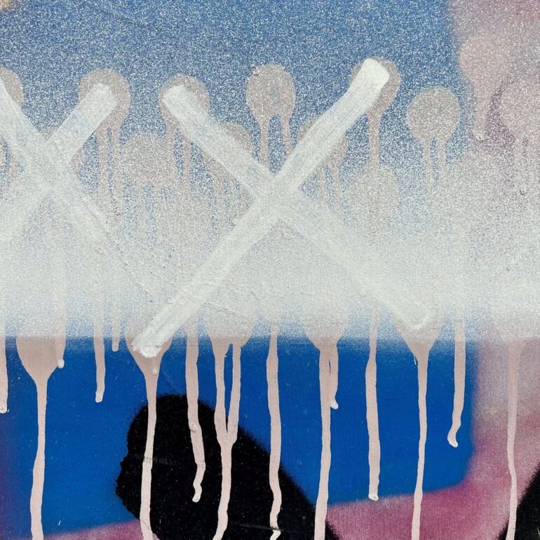 White drip crosses over blue and pink paint, Melbourne inner north, hidden__north documentary photography