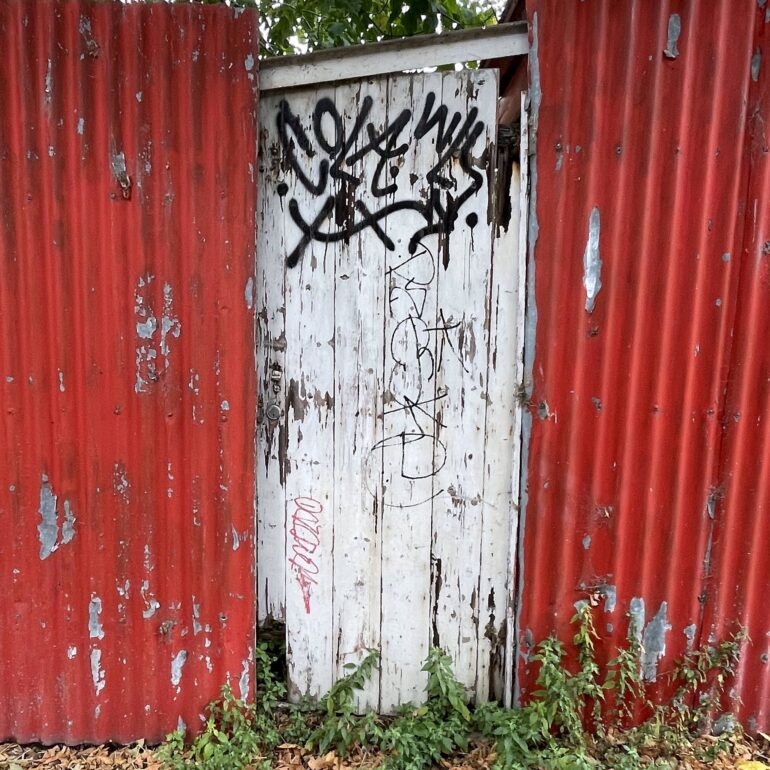 Weathered white timber door between red corrugated iron fence panels, Melbourne inner north, hidden__north documentary photography