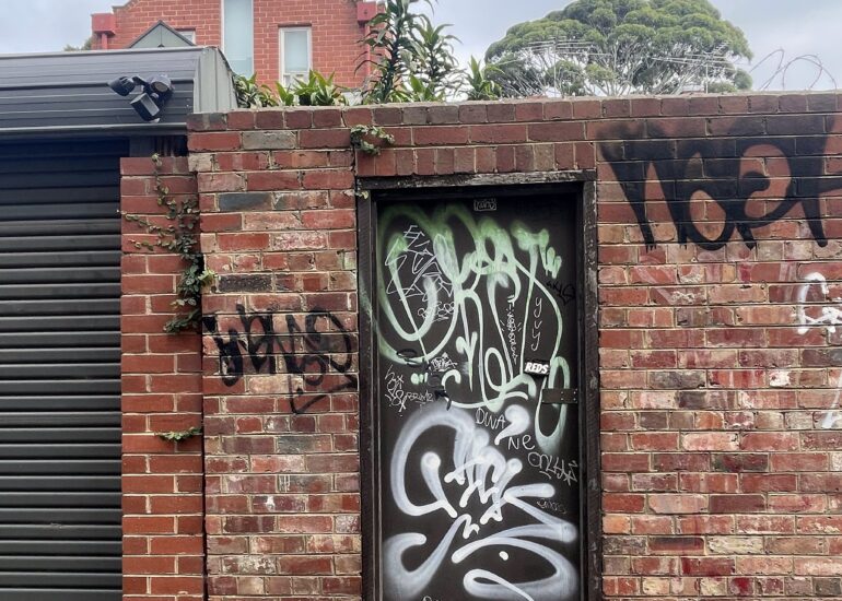 Timber door with brick surround detail, Melbourne inner north, hidden__north documentary photography